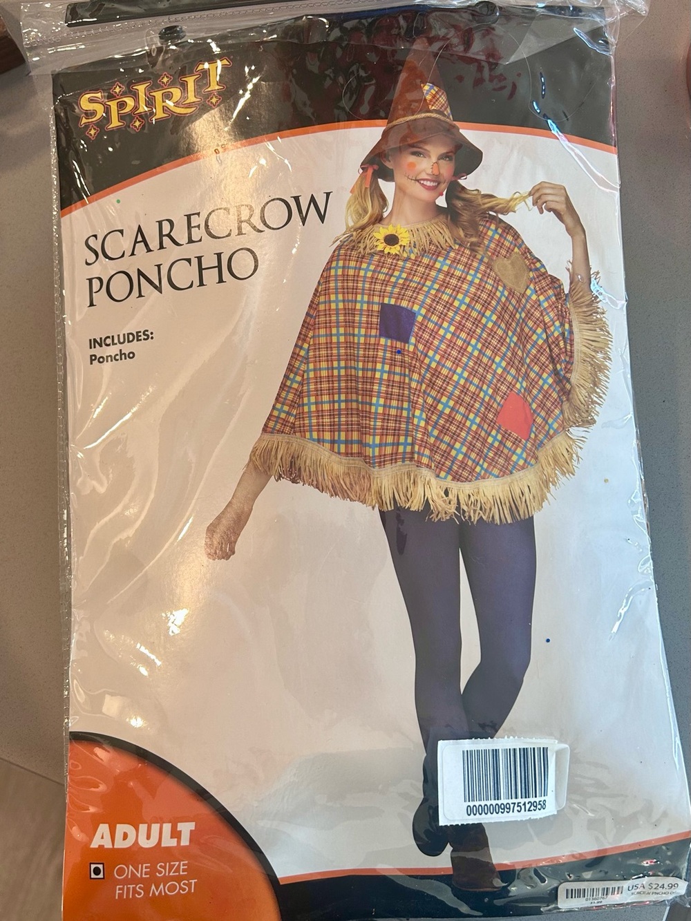 Spirit Plaid Scarecrow Poncho with Fringe - Orange, Yellow, Red, Blue